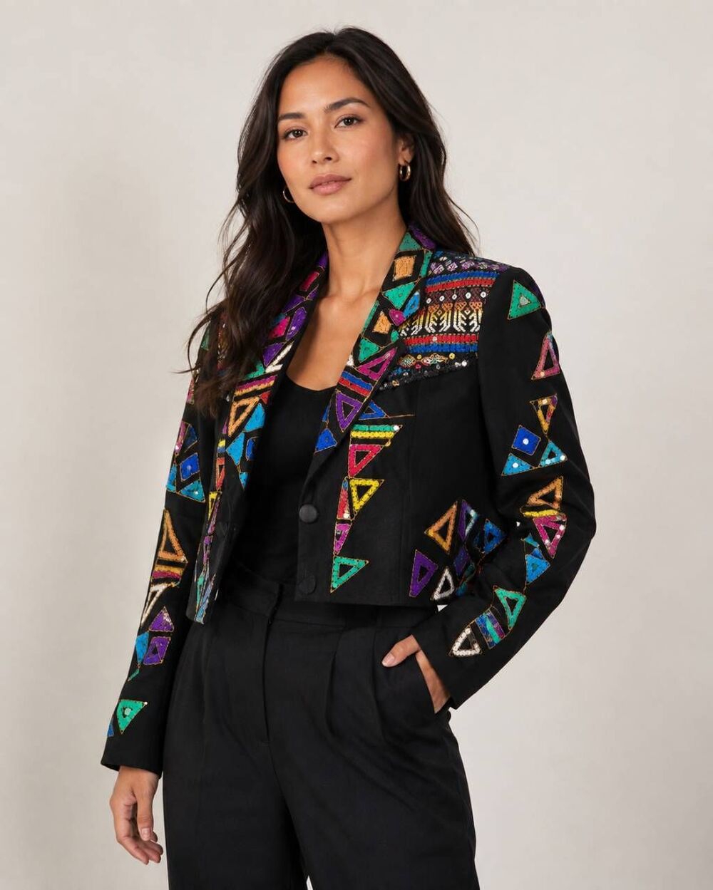 Vintage 80s MODI Sequin Beaded Jacket Size 8-10 Black Multicolor Geometric Cropp